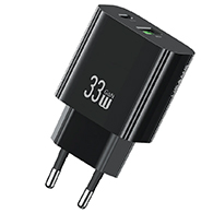 شاحن USAMS CC317 محمول GaN بقوة 33W – قابس EU، USB-A وType-C، أسود- 4951
